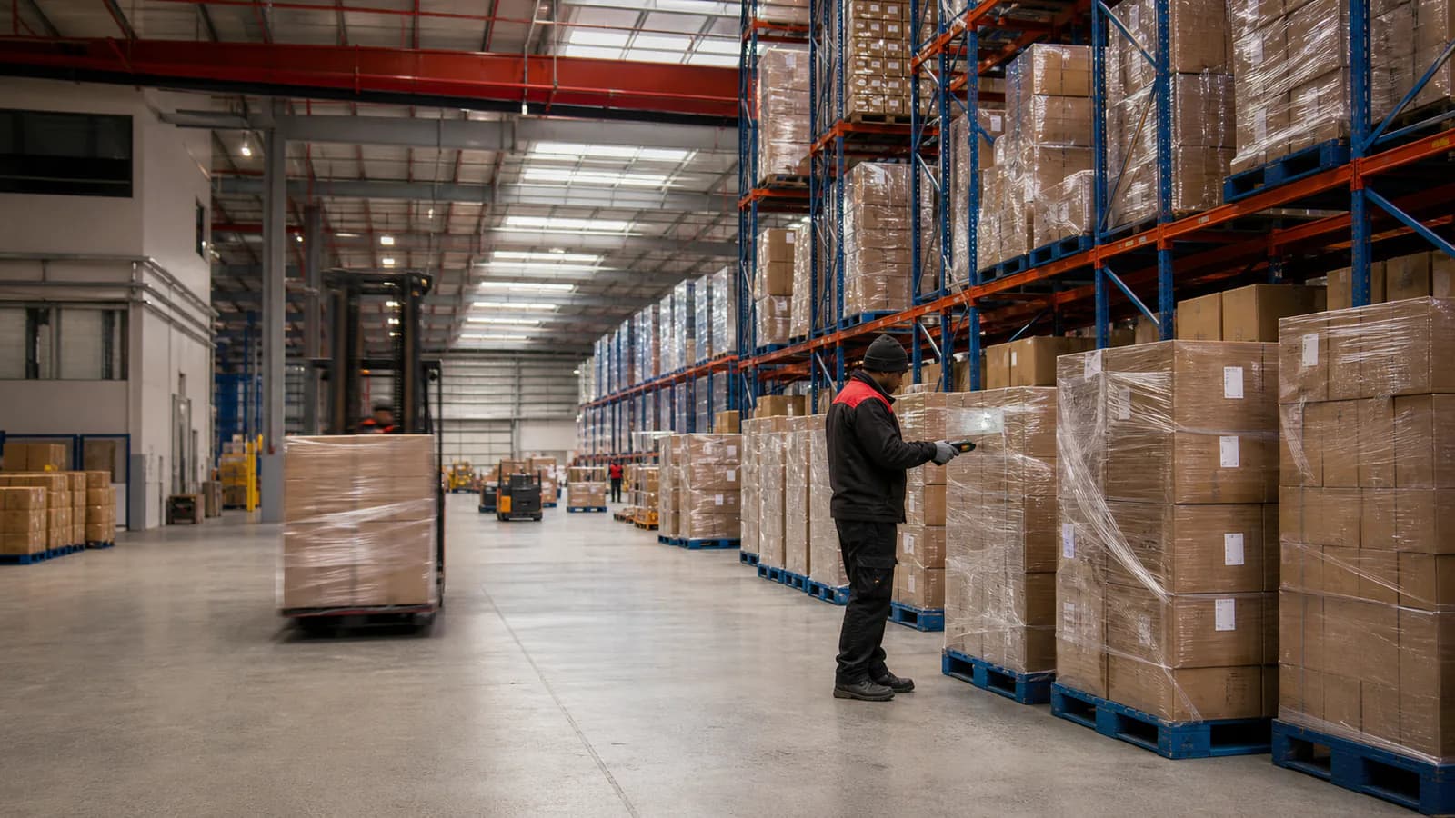 An organised FMCG distribution warehouse with palletised cartons and a team member checking stock