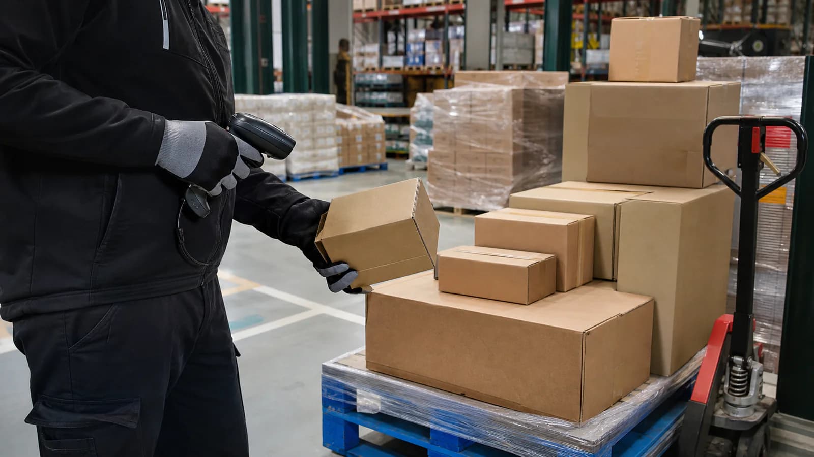 A warehouse team member scanning a generic FMCG carton in an organised pick-and-pack area